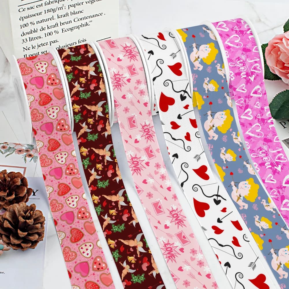 San valentino cupido Arrow Heart Pattern nastro in Grosgrain stampato per fiocchi di allegria fai da te ragazza copricapo fiocchi per capelli 10yards