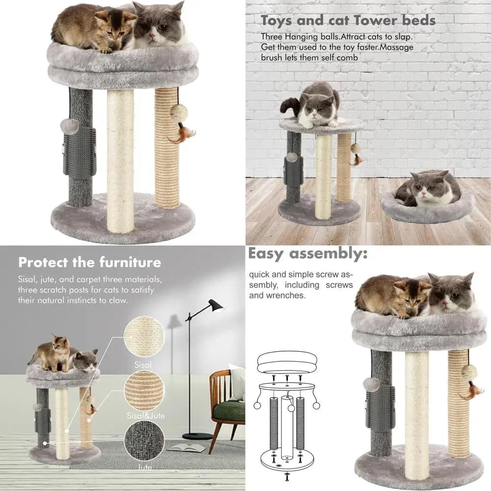 Tiragraffi Compatto 4-in-1 con Torre, Palo da Grattare, Pali in Sisal e Giocattoli Sospesi per Gatti da Interno