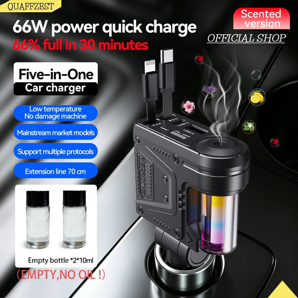 5 in 1 Car Charger with 66W Super Fast Charging Retractable Type‑C Lightning Cable Car Cigarette Lighter Adapter Auto for phone（