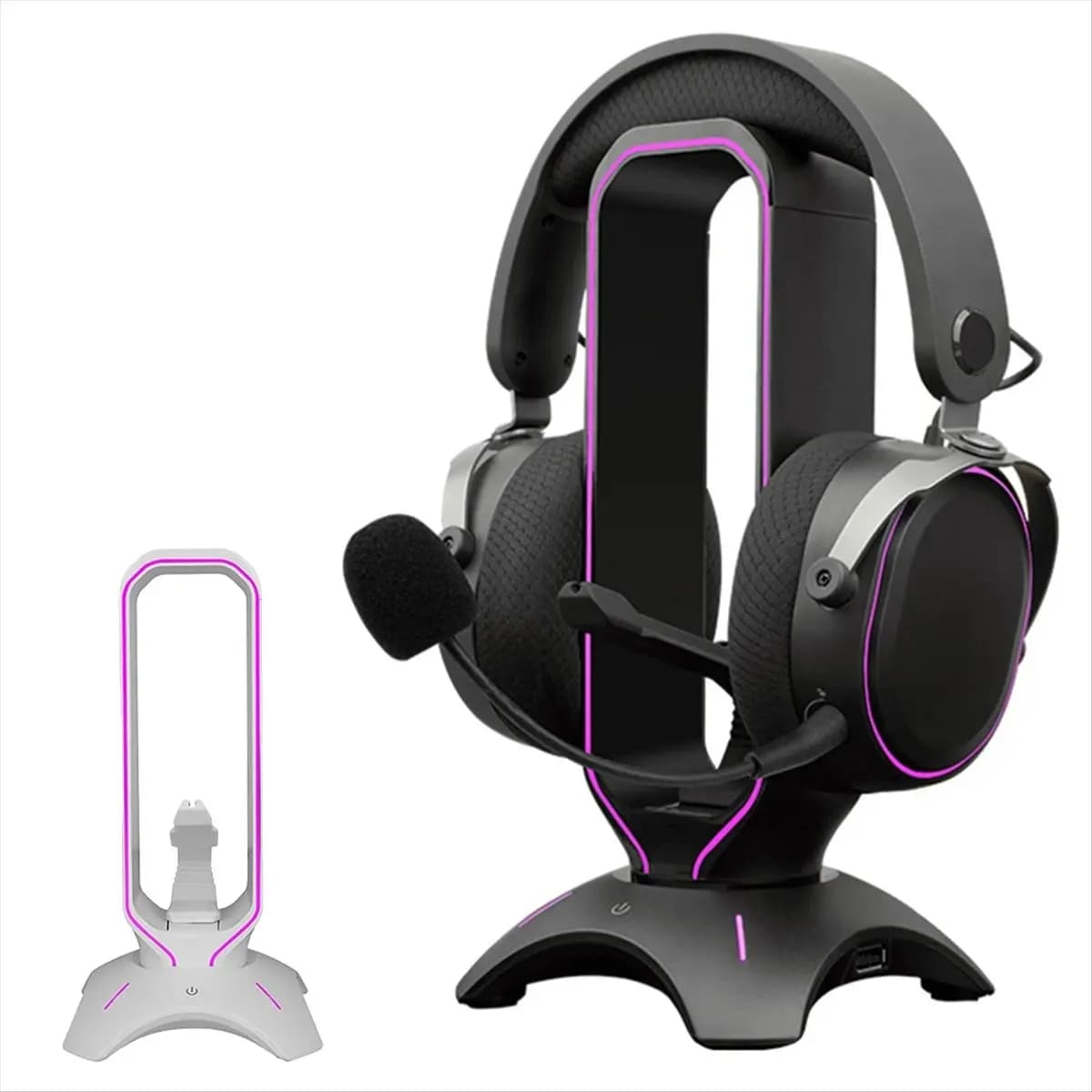 Stable - RGB gaming headphone stand with mouse elastic cable support Over-ear headphone stand White desk display headphone shelf