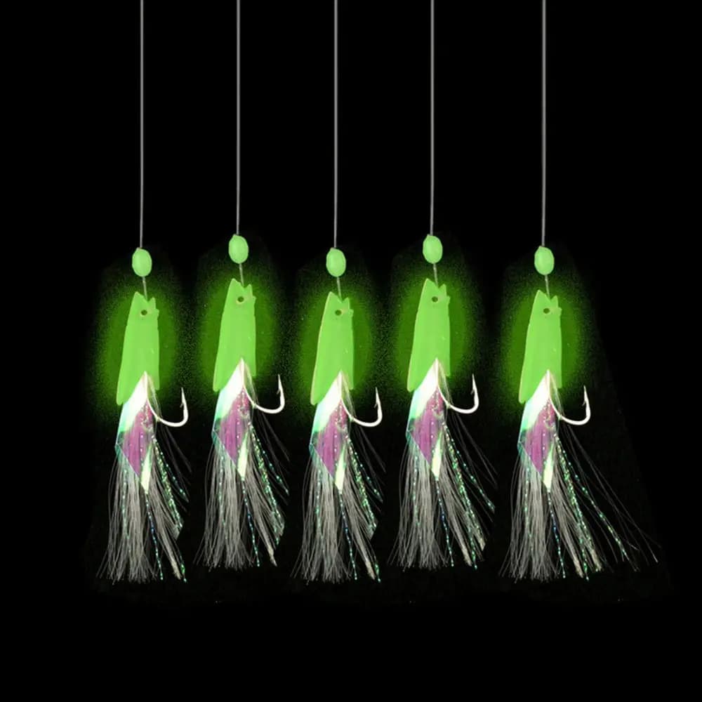 5Pcs/Set Swim Portable Fishing Tackle Carbon Steel String hook Soft bait Tied up Glow fish lure long tail