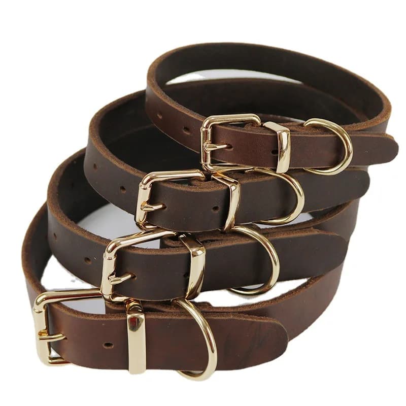 Top Grain Genuine Leather Dog Collar, Heavy Duty Adjustable Pet Collar with Gold Buckle for Medium Large Dogs, Classic Brown