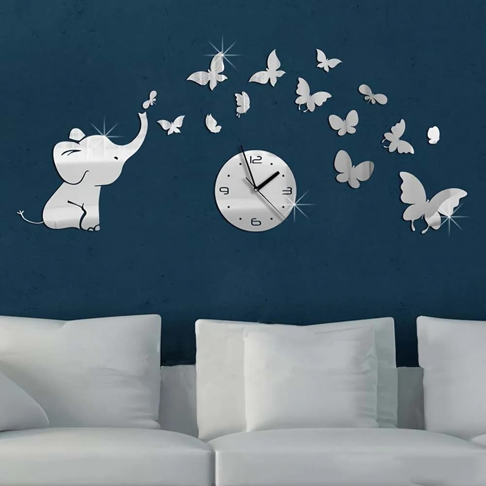 1 pcs Creative DIY Elephant Butterfly Mirror Wall Clock 3D Fashion Home Decoration Wall Sticker watch art mute wall clock