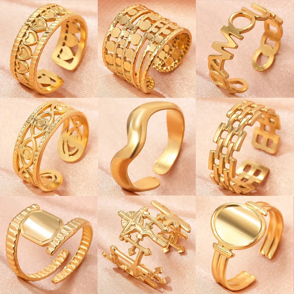 Anelli in acciaio inossidabile 316L anello aperto regolabile vuoto geometrico Vintage anello dorato di lusso leggero di moda per regalo di gioielli da donna