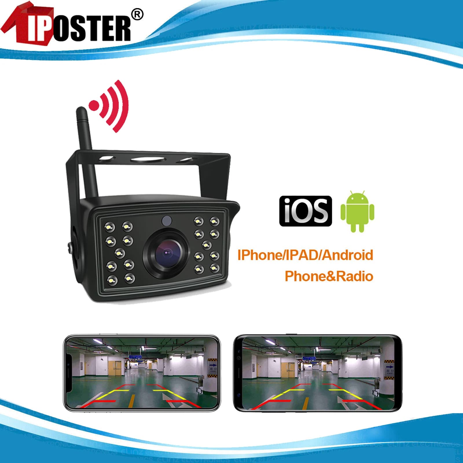 Reverse camera iPoster Wifi with Joytrip 12-24v app for caravans and campers, compatible with Android and IOS phones