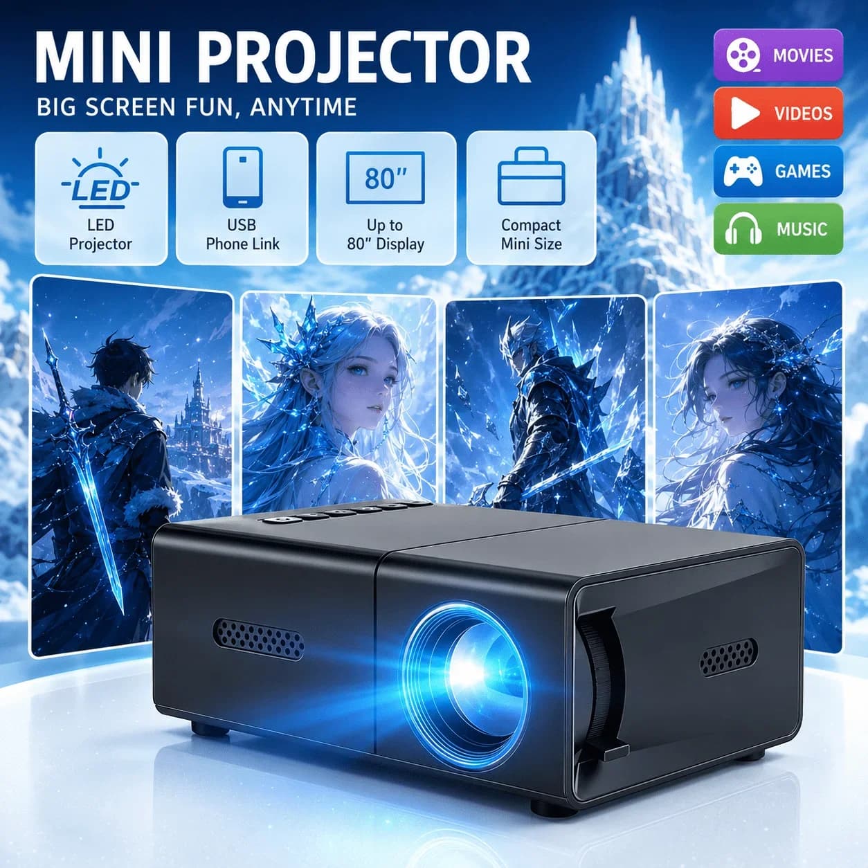 Mini portable projector, compatible with home theater and gaming, USB-powered LCD micro projector, native resolution 240P/1080P