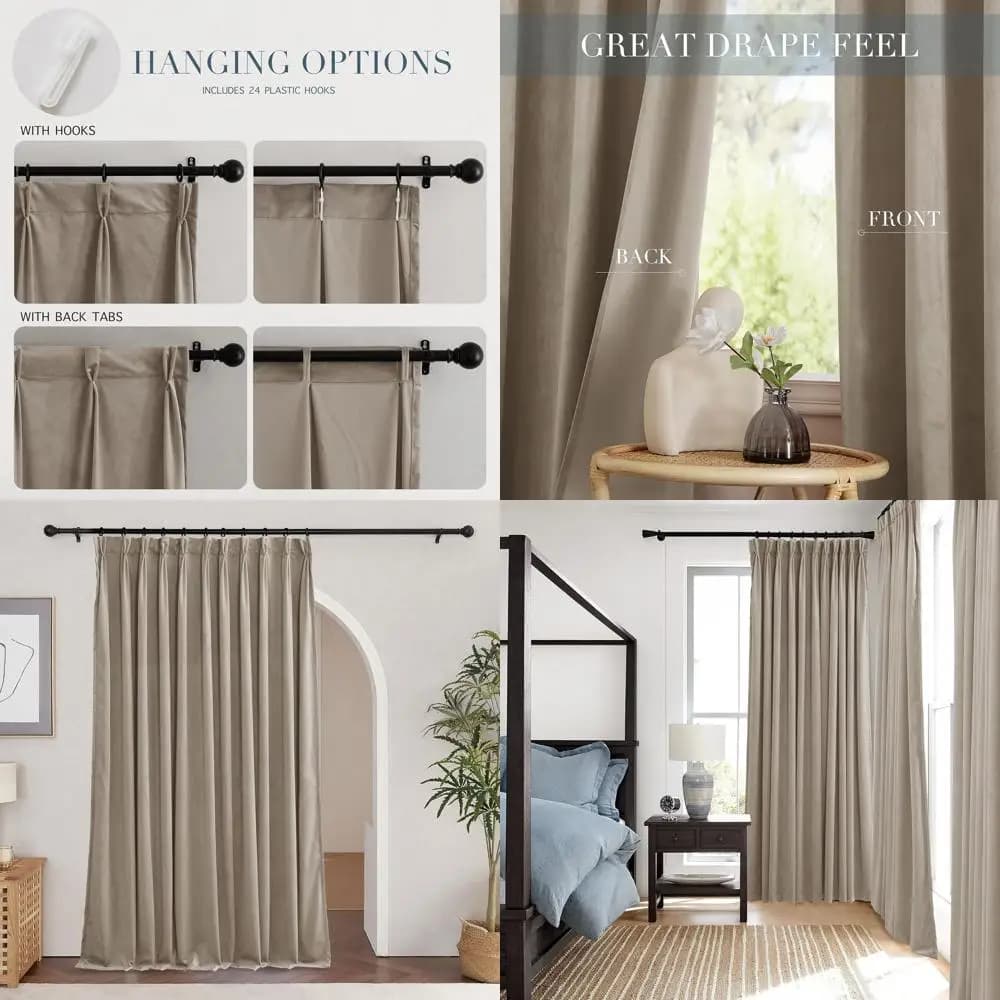 Luxury thermal curtains with folds beige camel, set of 2 panels, 66x96 inches per bedroom, living room, bedroom