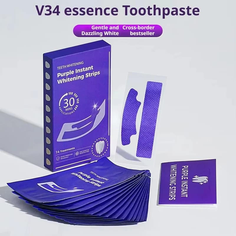 V34 Purple Tooth Whitening Strips, Delicate and Safe Whitening Sets for Nail Polish, Istantaneo Whitening Formula, Tooth Care, 14 Paia