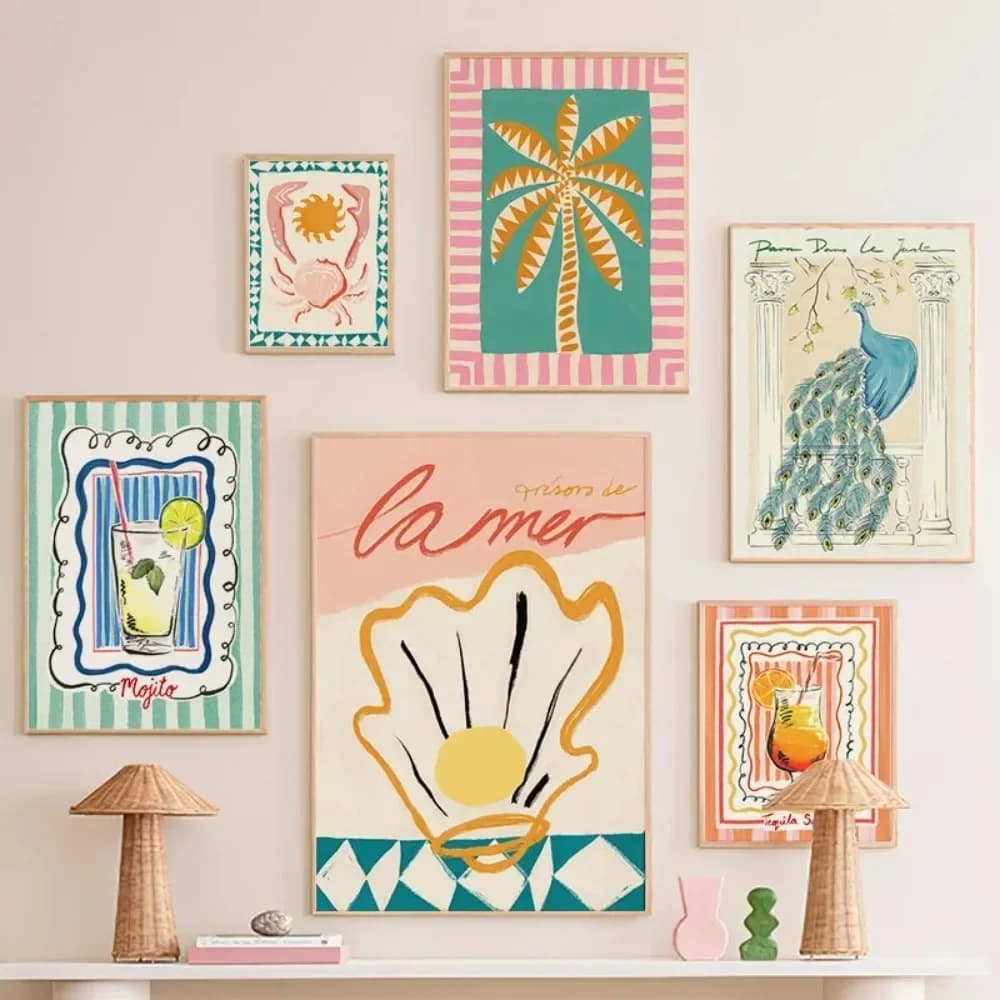 Quadri con pittura a diamante e poster da parete con motivi di basket, pavone, albero di cocco, cocktail e succo, per decorazione del soggiorno