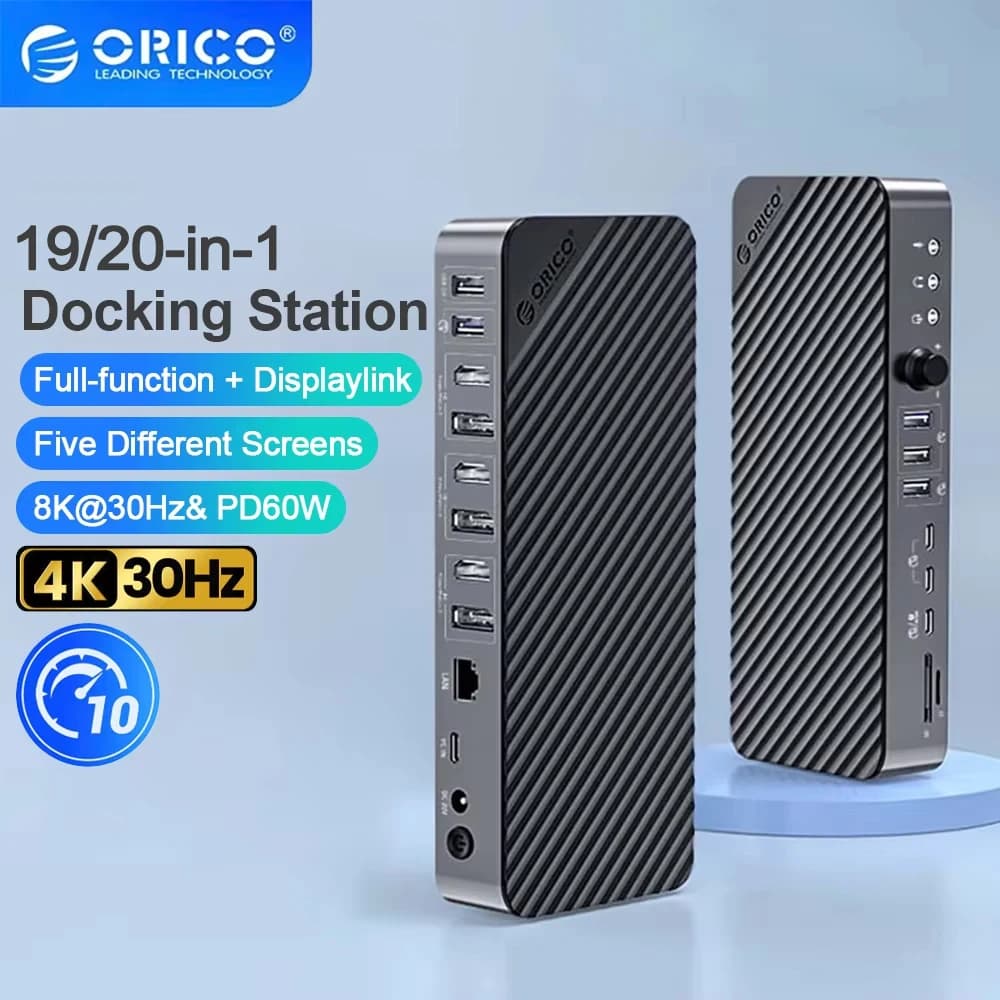 ORICO Docking Station Desktop from Type C to HDMI 8K30Hz, 5 Different Displays, RJ45, Hub USB Audio Multifunction 19 in 1, Laptop Accessories