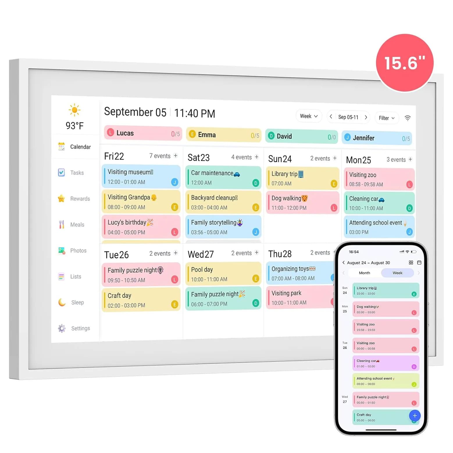 Calendario digitale intelligente da 15,6 pollici 64G Grafico dei lavori domestici Touchscreen interattivo FHD Montaggio su scrivania Planner elettronico intelligente per famiglie