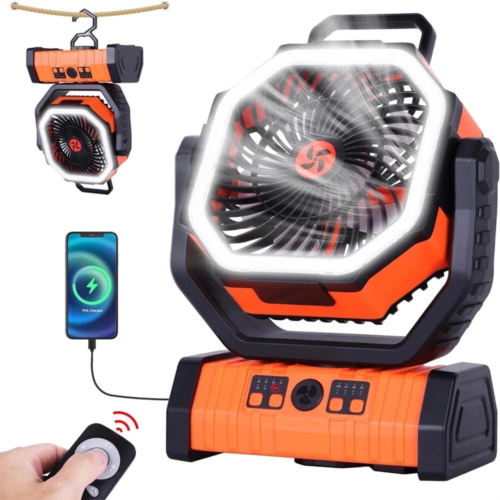Ventilatore Portatile Ricaricabile da 20000mAh con Luce LED e Gancio, Ventilatore da Tavolo/Campeggio per Tenda e Viaggi in Auto