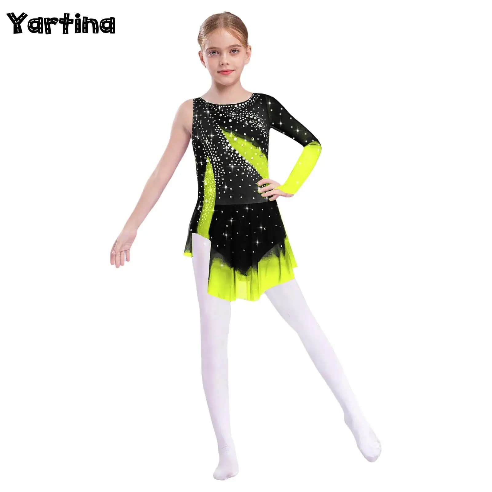 Bambini Ragazze Lucido Strass Ginnastica Balletto Jersey Body Artistico Pattinaggio di Figura Vestito Costume da Spettacolo di Danza Lirica