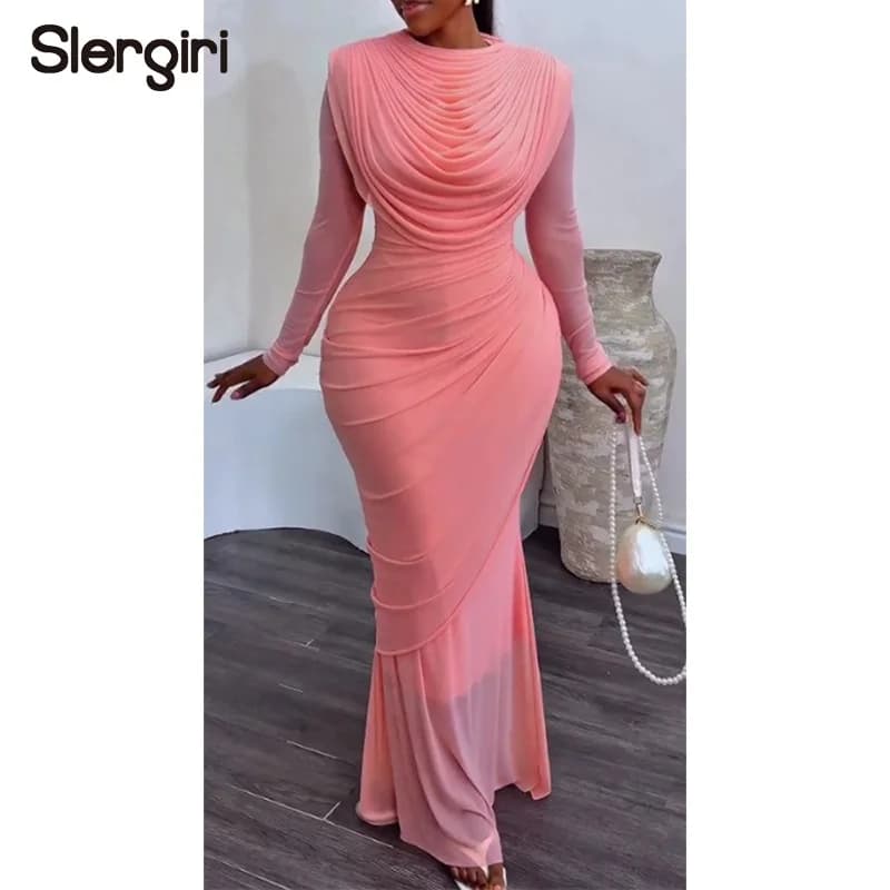 Slergiri Elegant Round Neck Long Sleeve Mermaid Hem Dress Women Fashion New 2026 Spring Summer Evening Party Hip Wrapping Dress