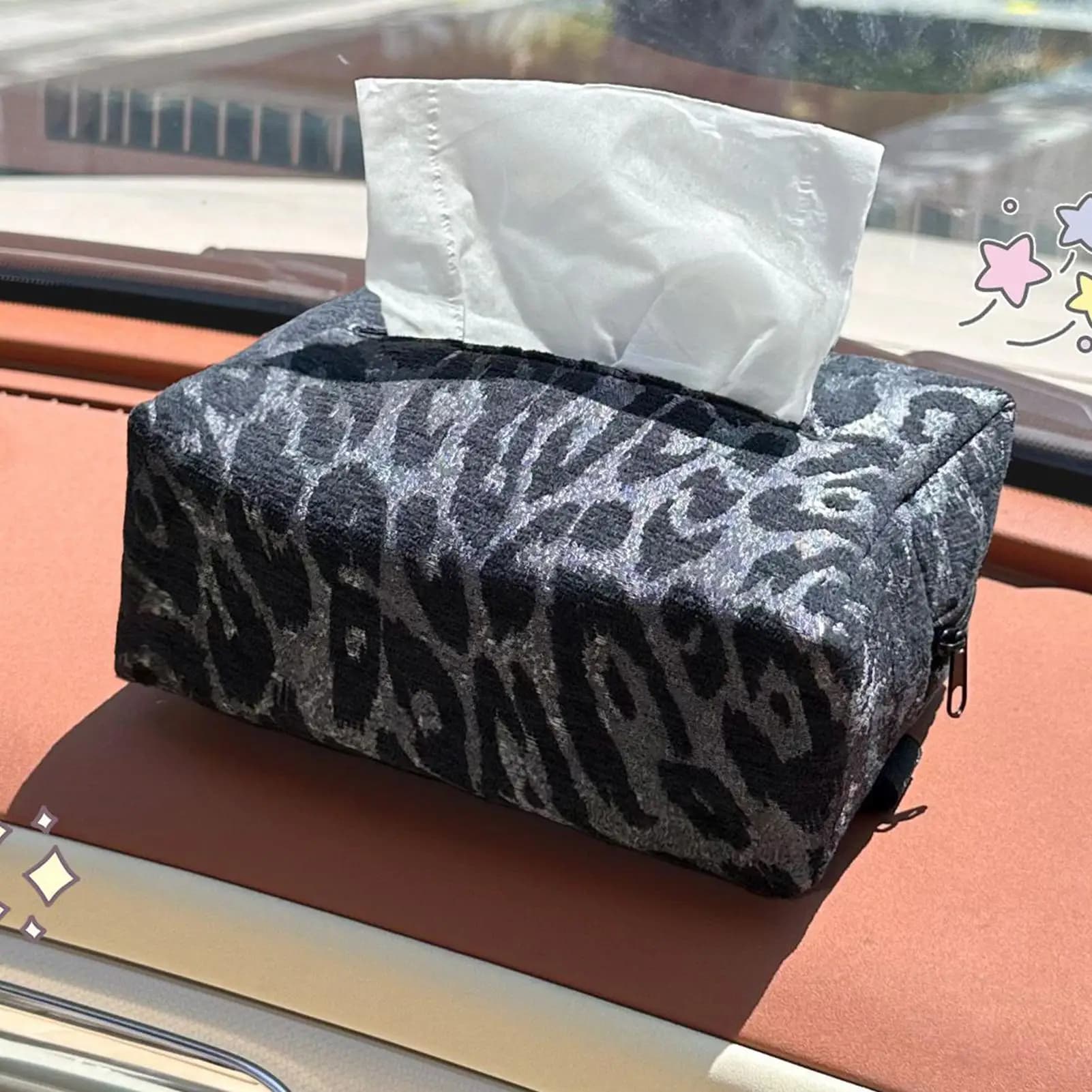 Scatola porta fazzoletti universale per auto con stampa leopardata, supporto con cerniera per poggiatesta o cruscotto, organizer automatico multifunzionale per tutti i veicoli