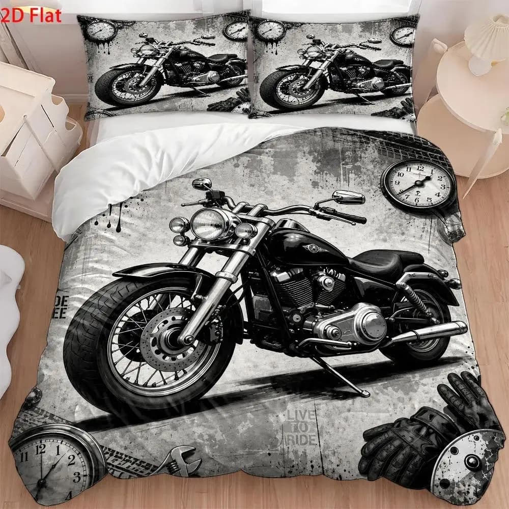 3Pc Retro Motorcycle-Style Duvet Cover Set, Three-Piece Bed Set (1*Duvet Cover + 2*Pillowcases), Modern Simple Printed Bedding, Skin-Friendly Breathable Polyester Woven Fabric, Invisible Zipper Double Bed Bedding, Easy to Clean, Durable, Wrinkle-Resistant, Machine Washable, All-Season Bedroom Decor Set, Cozy Home Luxury Style Bedspread, Student Dormitory Nordic Style Bedding Set, Large Duvet Cover for Master Bedroom and Guest Room, Soft and Comfortable Quilted Bedding Set