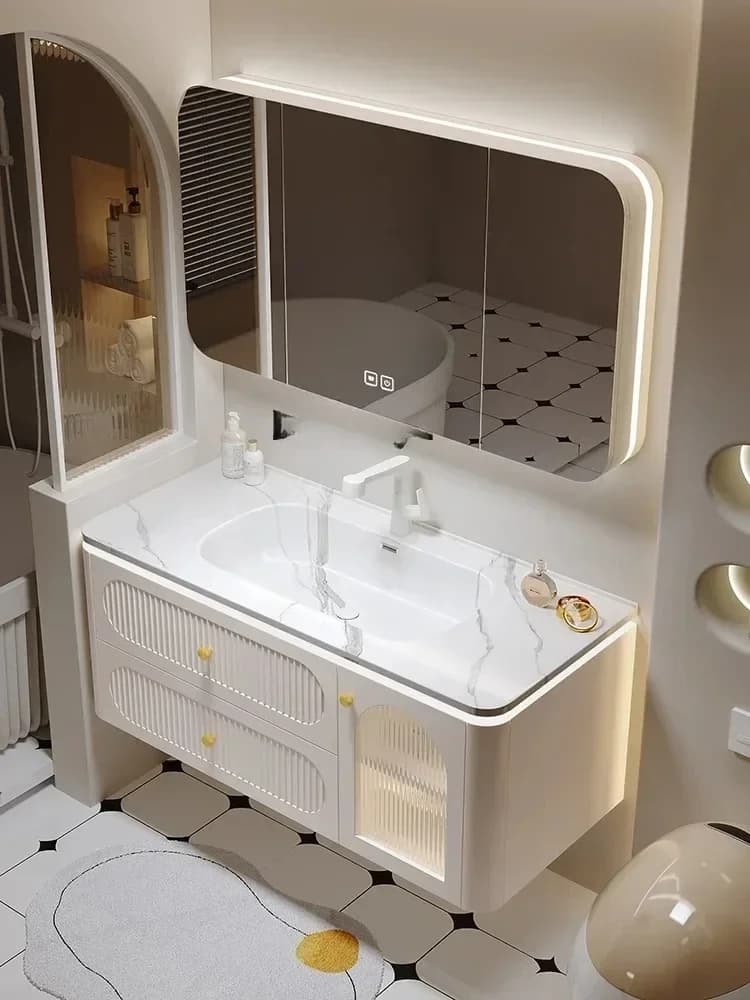 Nuovo Mobile Bagno Moderno di Lusso Leggero in Legno Massello Verniciato con Lavabo Integrato in Ceramica Curvata a Caldo e Specchio Intelligente