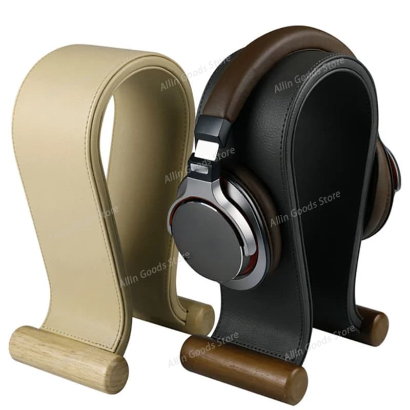 Universal Gaming Headset Stand PU Leather+Wood Headphone Holder Desk Display Shelf for Wired/Wireless Headphones Space Saving