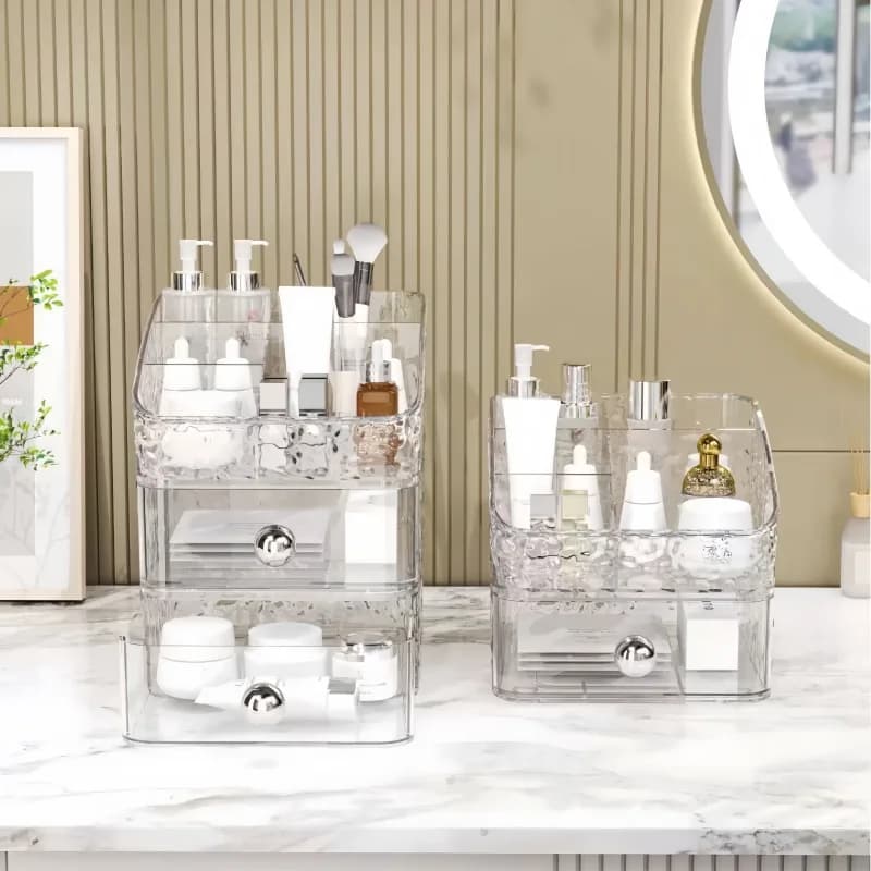 1/2/3 Pezzi Scatola Trasparente Ondulata per Trucchi, Contenitore Cosmetico Impilabile con Cassetti, Organizzatore da Appoggio per Bagno