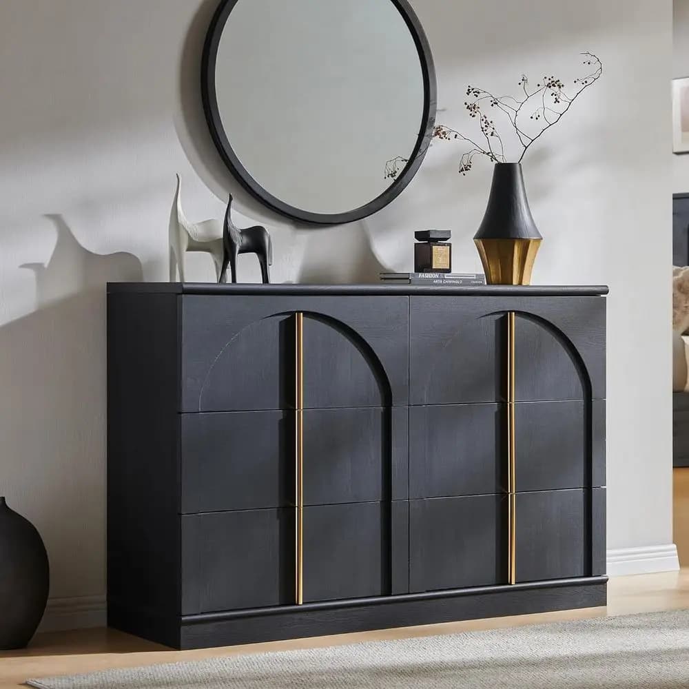 6-Drawer Bedroom Storage Unit with Rounded Edges and Metal Handles, 47.3 Wide, Black