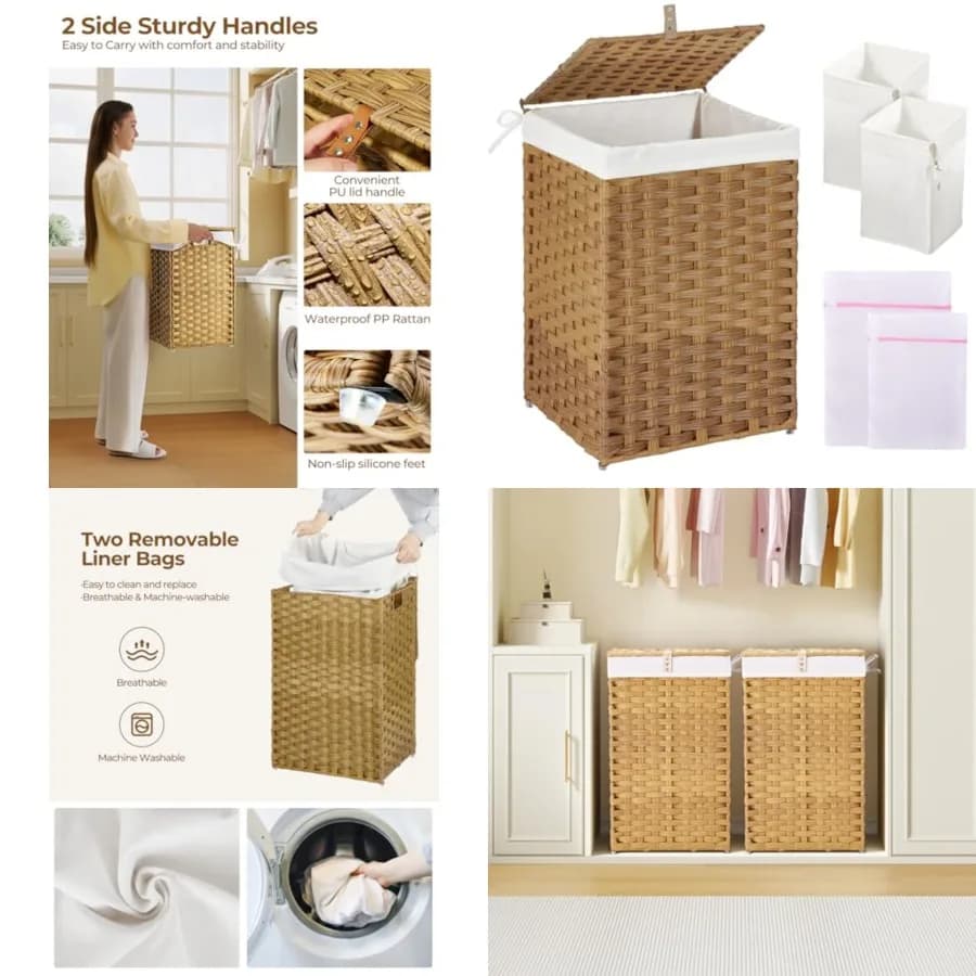 Cesto Portabiancheria con Coperchio, Cesto Portabiancheria da 60L con 2 Sacchi Rimovibili e 2 Sacchi in Rete, Cesto Portabiancheria in Rattan Sintetico Intrecciato a Mano