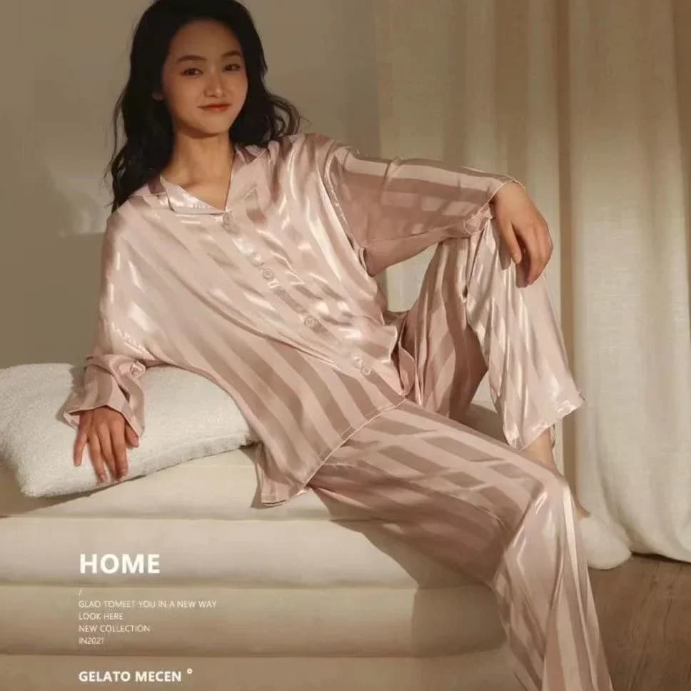 Women's striped pajama set, solid French silk satin pajamas, two piece set, comfortable home pajamas