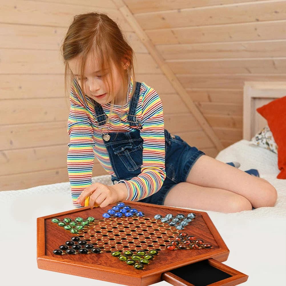 Portable Chinese Checkers Board Game with Marbles Wooden Board Game Hex Chinese Checkers Family Game Set Drawer Storage