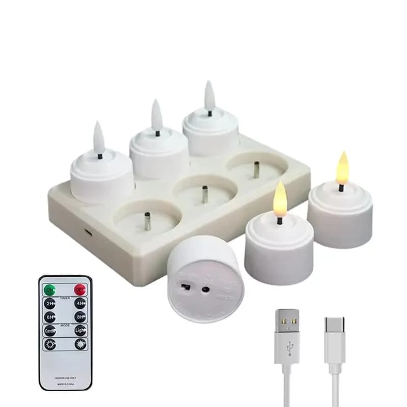 【VALUE MONEY】LED Tea Light Set In 3D Wick Design, Includes Remote Control, Timer, And USB Rechargeable Station