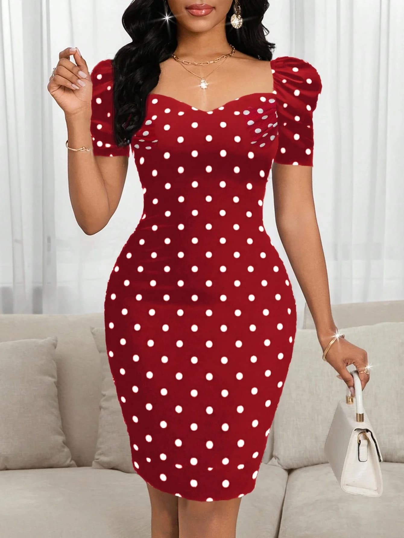 Elegant Polka Dot Puff Sleeve Bodycon Red Dress For Women Summer