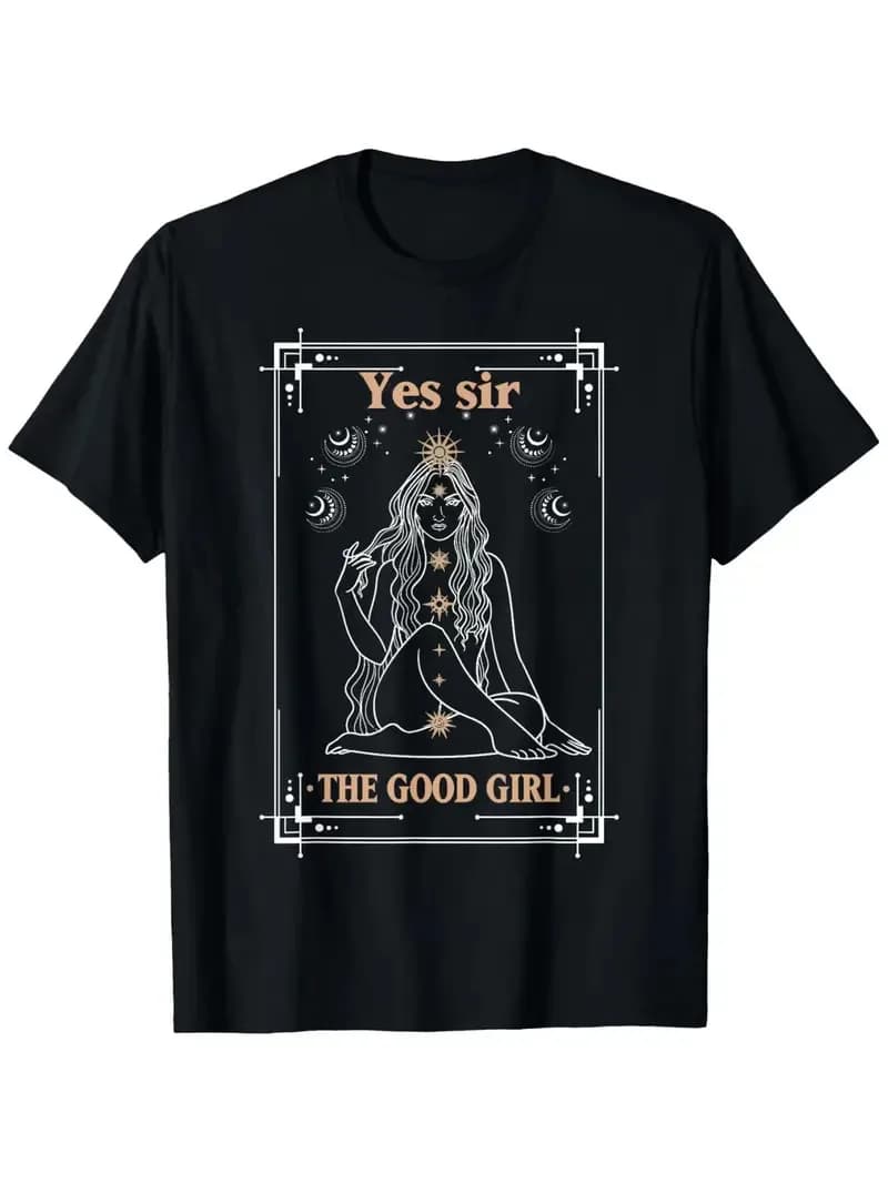 T-shirt con grafica Yes Sir The Good-Girl Tarot Card – T-shirt nera con scollo rotondo e dettagli dorati