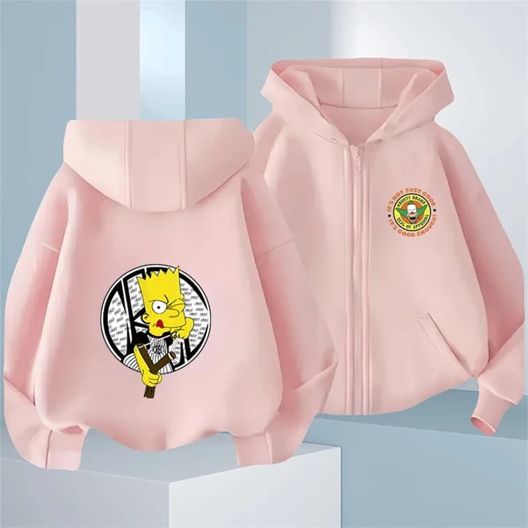 Felpa con cappuccio con cerniera e tasche con cerniera per bambini con stampa Bart Simpson per ragazzi e ragazze invernali