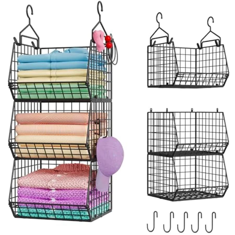 3-Tier Hanging Closet Organizer, Laundry Room Organization Space Saving Shelves with 1.65" Hook and 5 S-Hooks Hanging Wire Bask