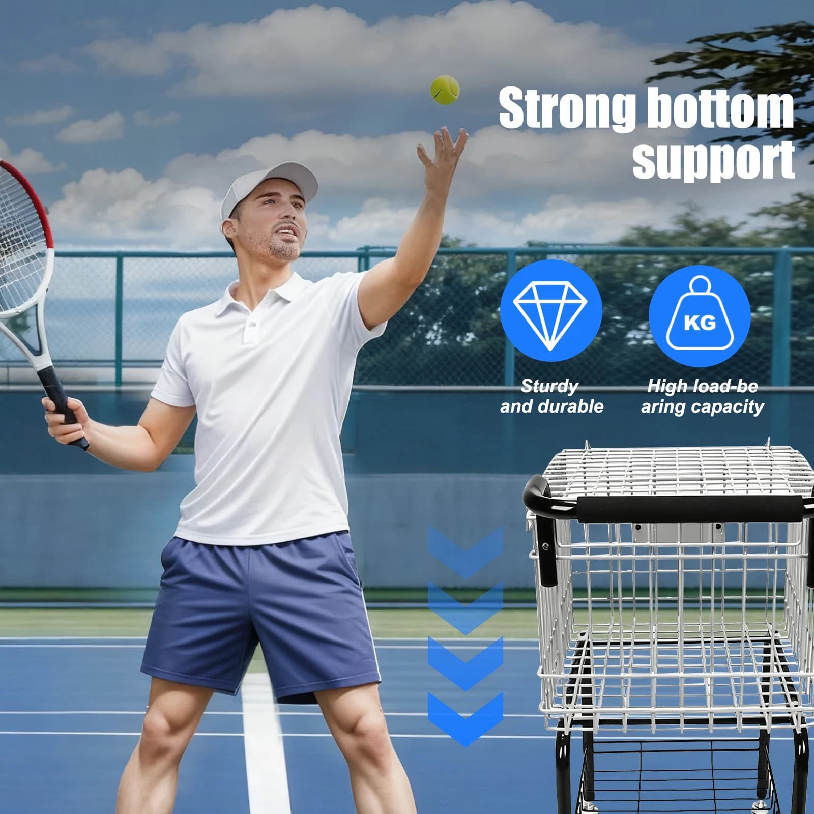 Cesto per la raccolta di palline da allenamento, capacità 350 palline, con caricamento facilitato, carrello mobile per allenamento tennis/pickleball/baseball/softball