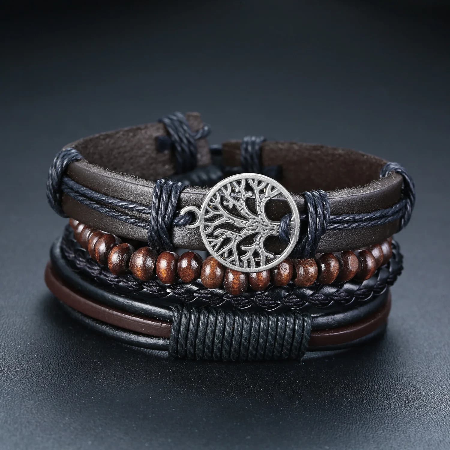 4pcs Braided Wrap Leather Bracelets For Men Vintage Life Tree Rudder Charm Wood Beads Ethnic Tribal Wristband Dad Boyfriend Gift