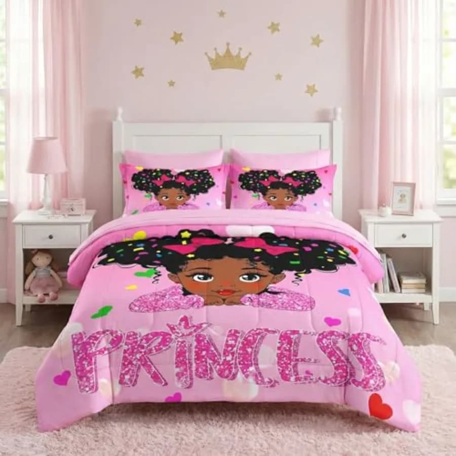 Set di 5 Pezzi Copripiumino Rosa Principessa per Ragazze, Lenzuola con Federe e Cuscini in Stile Fatato