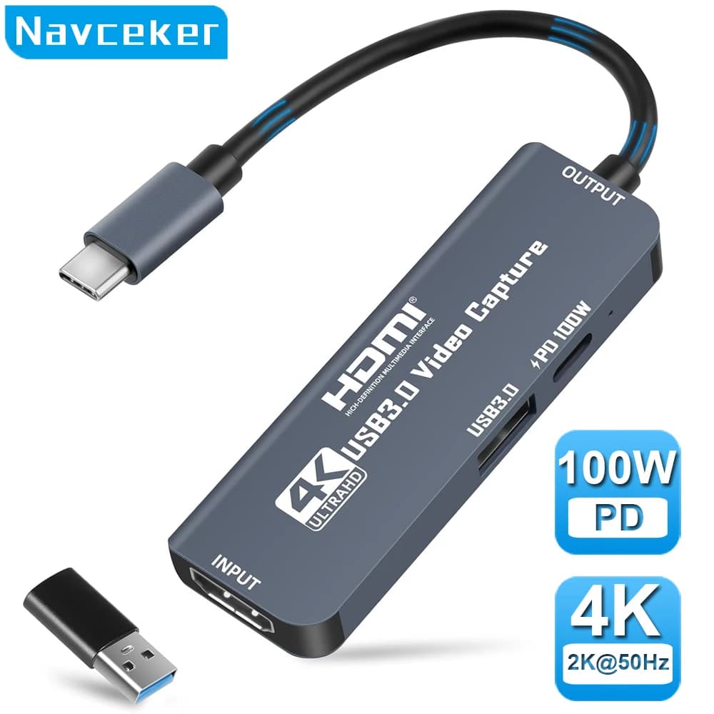 Navceker USB 3.0 Scheda di acquisizione video 4K HDMI USB C Tipo-C Cavo di acquisizione PD 100W per Quest 3 Switch Gaming Registratore di streaming live