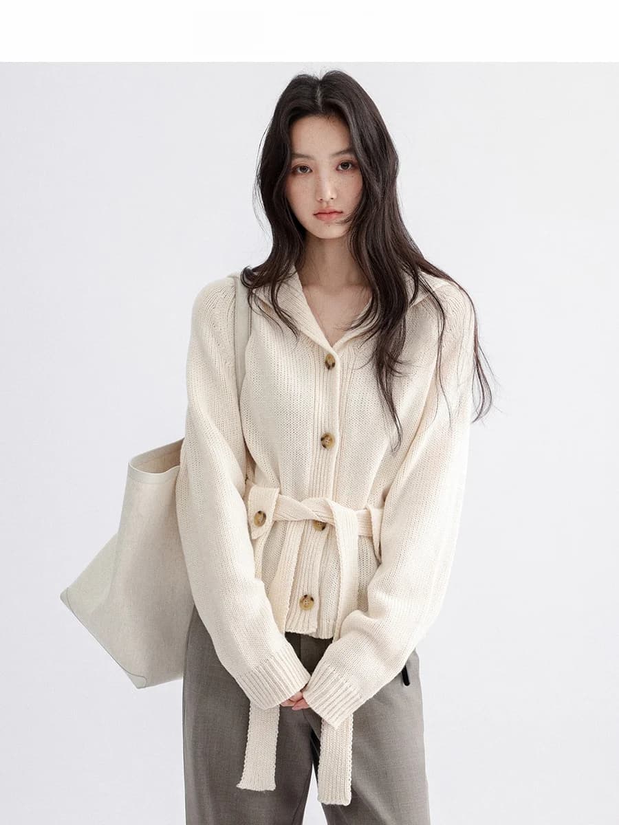 CHACHA Maglione Vintage Primaverile da Donna con Cintura in Vita, Stile Old Money, Collo Rovesciato, Capospalla Lavorato a Maglia