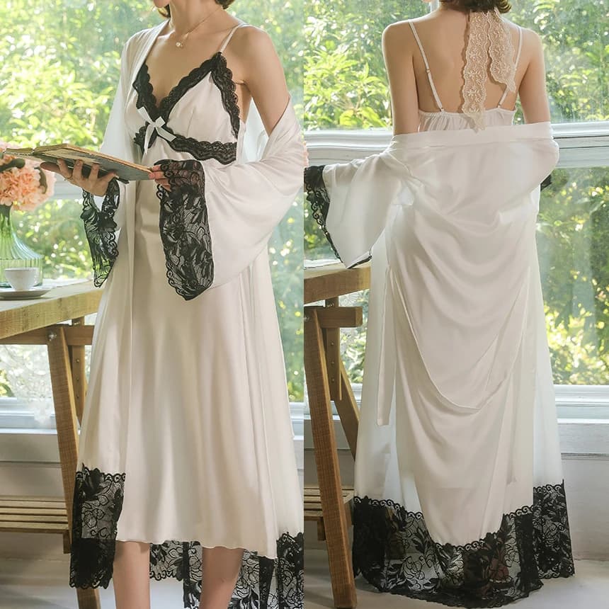 Set 2 Pezzi Donna: Vestaglia e Camicia da Notte Elegante in Pizzo, Kimono Lungo, Vestaglia da Bagno, Nuova Collezione Primavera 2026, Abbigliamento da Notte, Abito da Casa, Lingerie in Raso