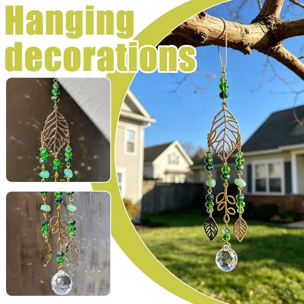 Tree of Life Metal Leaf Crystal Suncatcher Ornament, Beaded Hanging Decoration for Garden, Window, Patio & Indoor Home Decor