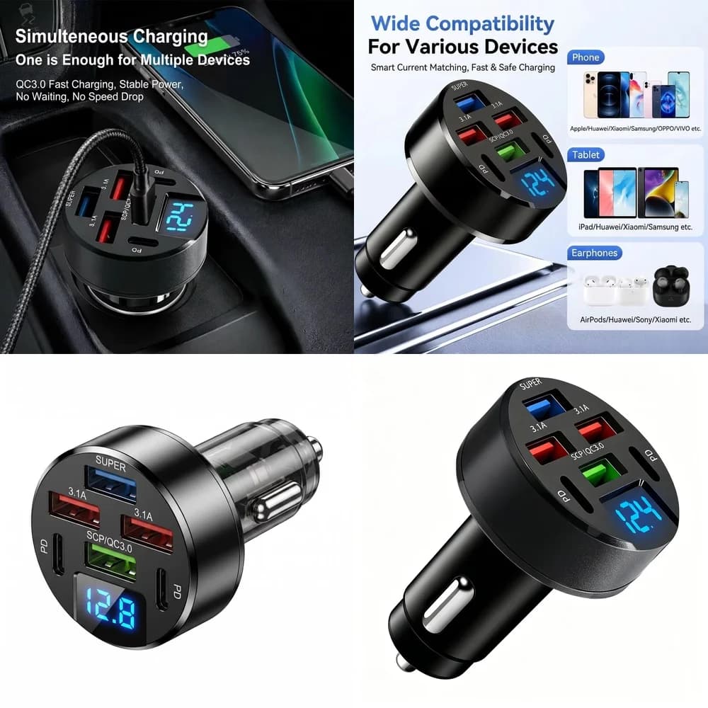 100W 6 Port Car Charger with LED Digital Display QC3.0 PD Fast Charging Multi Port USB Car Adapter for iPhone Samsung Huawei