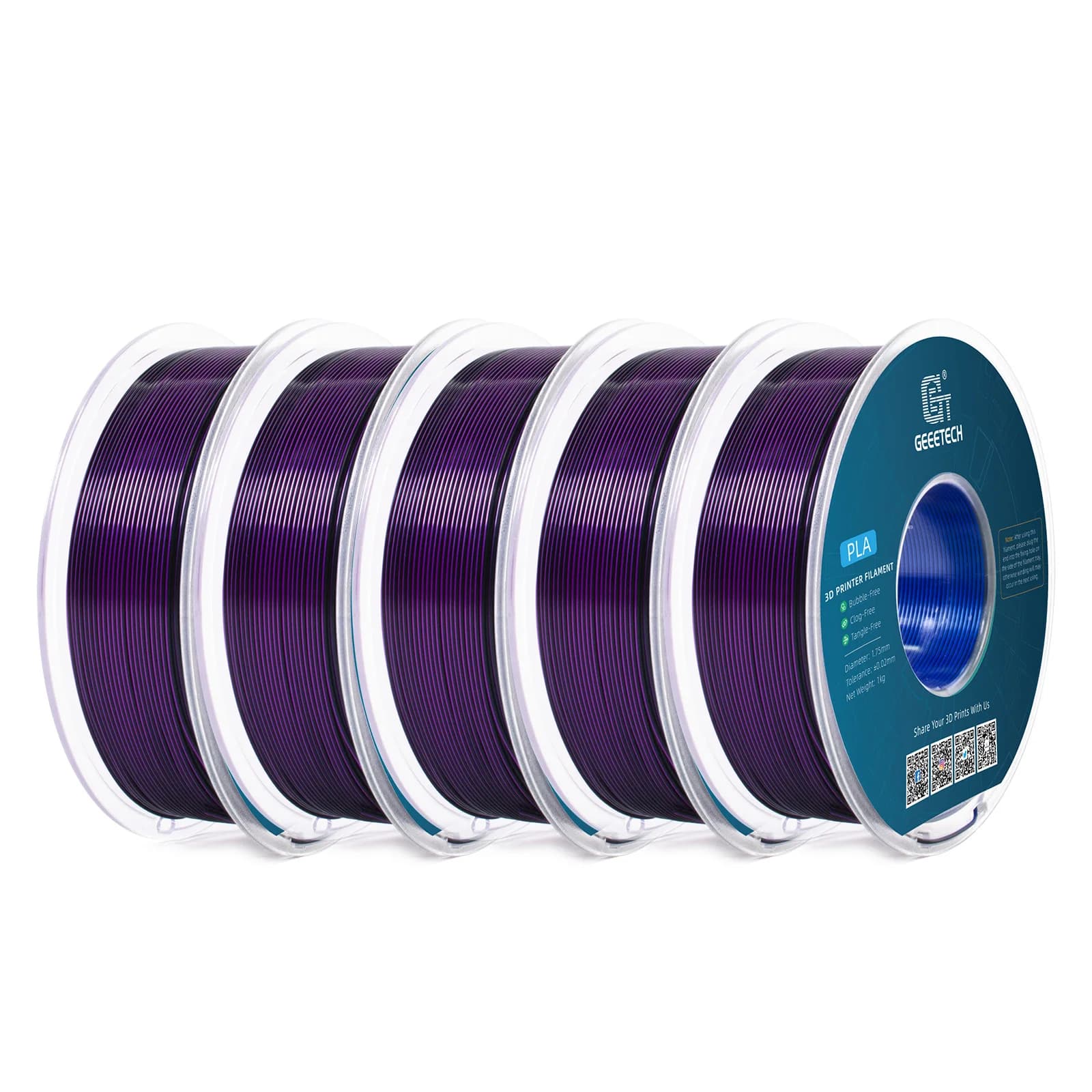 Geeetech 5 Filament Rolls PLA Tricolor Silk, 3D Filament 1,75 mm Coil (+/-0,02mm) Vacuum Packing, Special Color