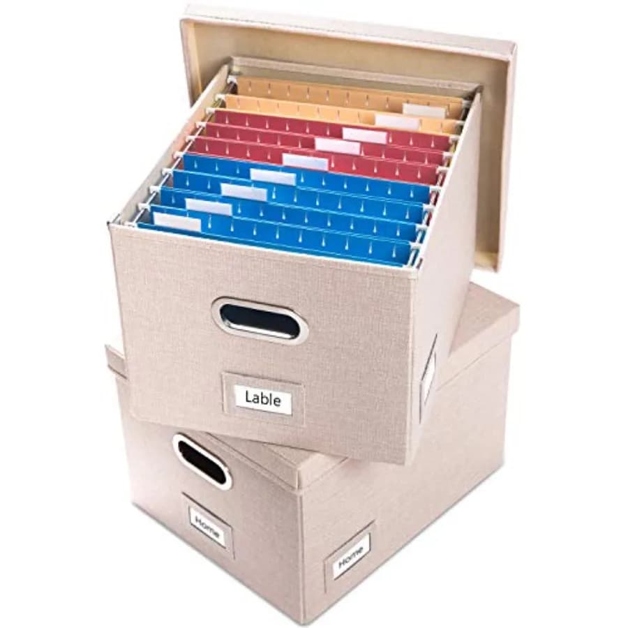 Set di 2 Scatole Organizzatrici per Documenti - Contenitori Decorativi Pieghevoli in Lino con Coperchi per Archiviazione e Archivio