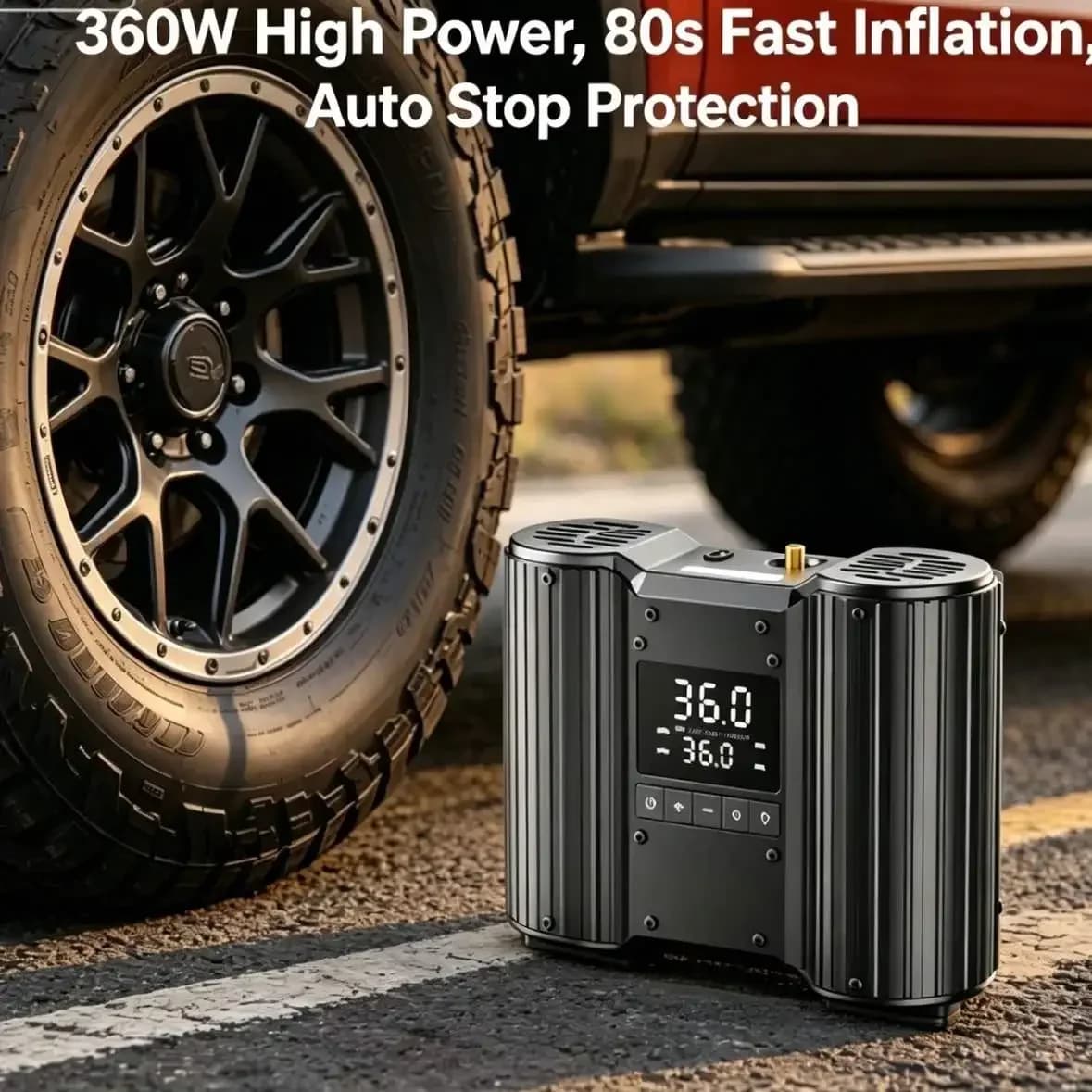 Compressore d'aria portatile HLHeavy-Duty a doppio cilindro - 12V con pressione preimpostata e arresto automatico per SUV, camion, camper e uso fuoristrada