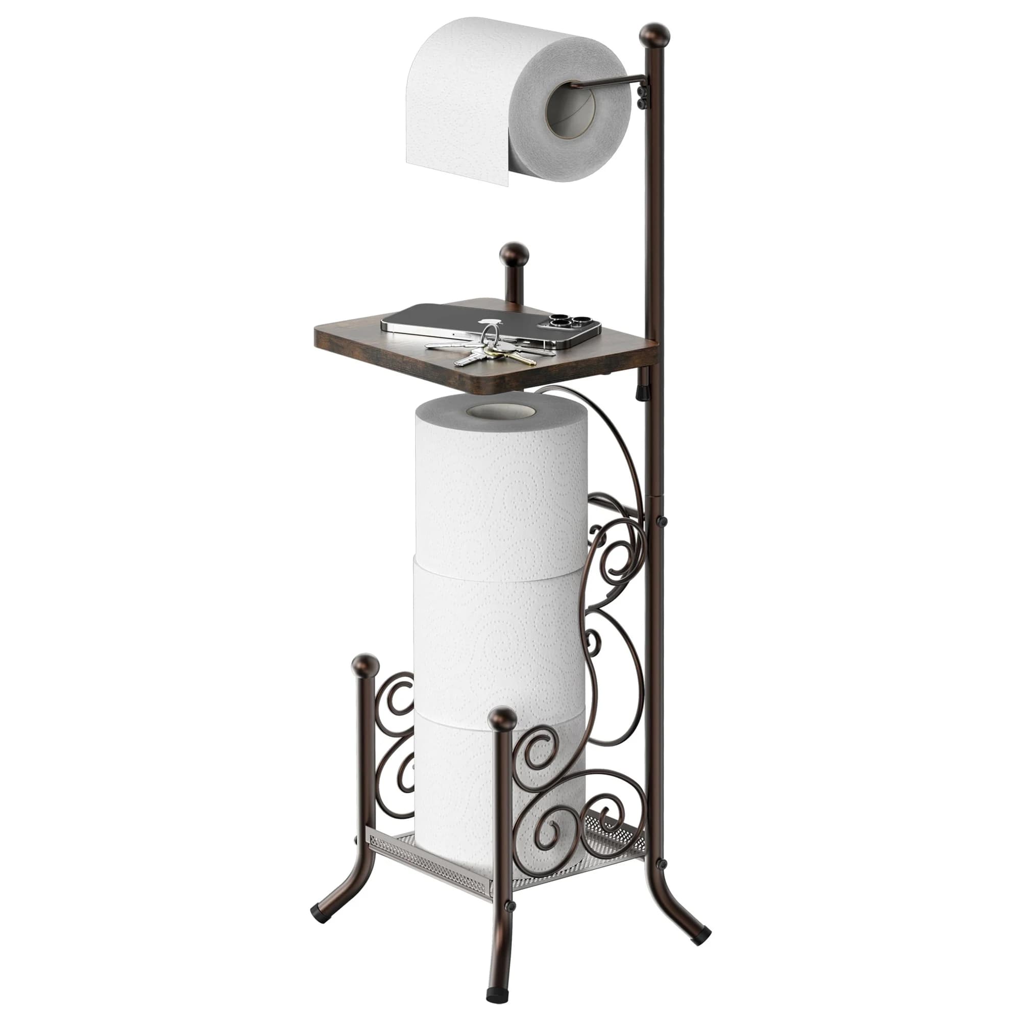：British Freestanding Toilet Roll Stand with Wooden Top Board, Storage for 4 Tissue Rolls