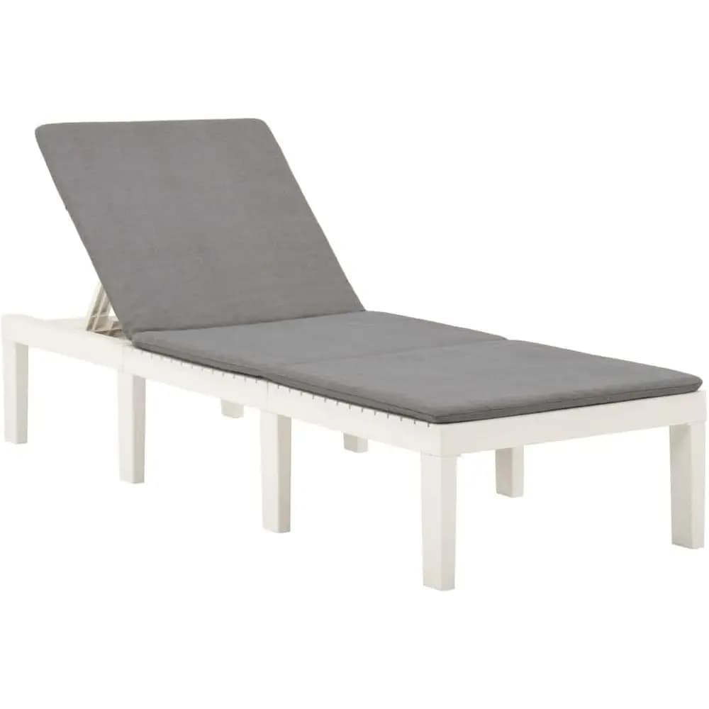 White plastic adjustable outdoor chaise longue with patio cushion, swimming pool and beach relaxation