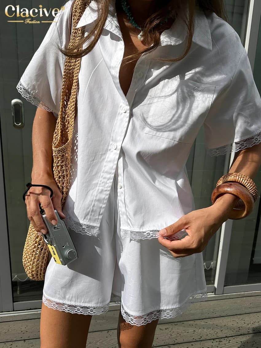 Clacive Fashion Large Cotton White Shorts Set 2 Pieces Woman 2026 Short Sleeve Summer Shirt with High Waist Shorts Women's Set