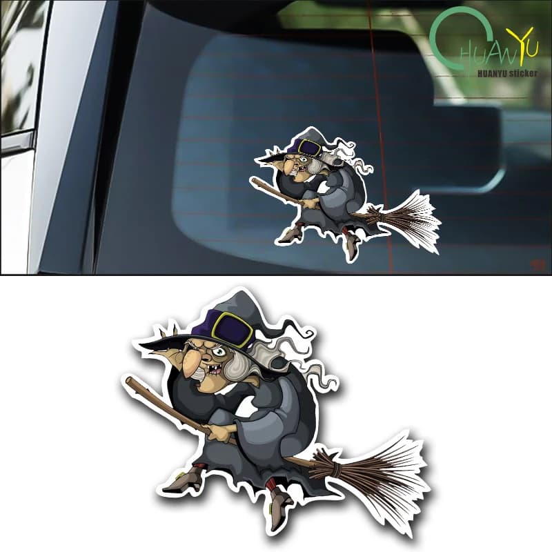 Old Witch Riding on A Broom Car Sticker PVC decalcomanie colorate accessori moto Sticker
