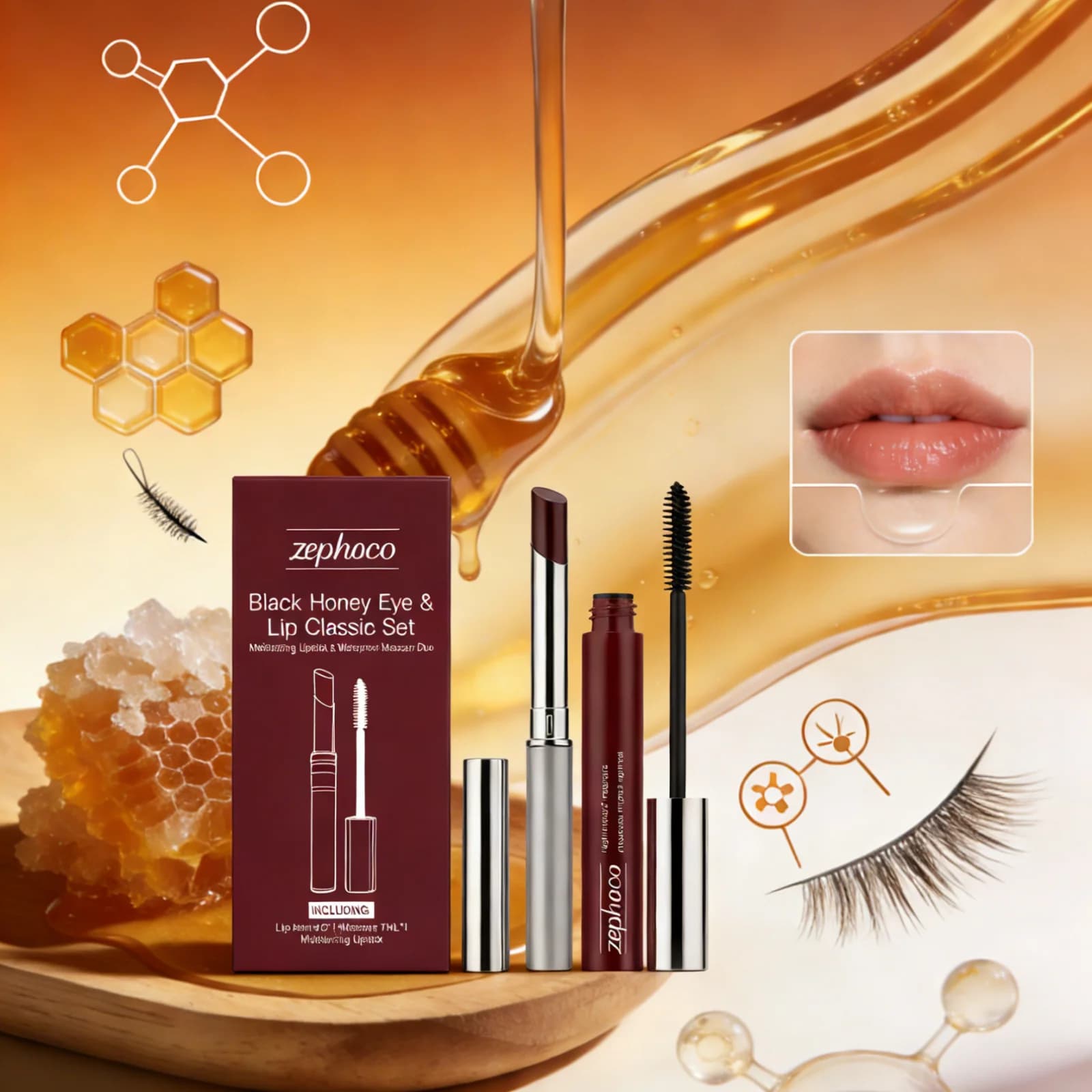 Trick Set Zephoco Lipstick Black Honey Mascara Waterproof Chest Extension Black Brown Black