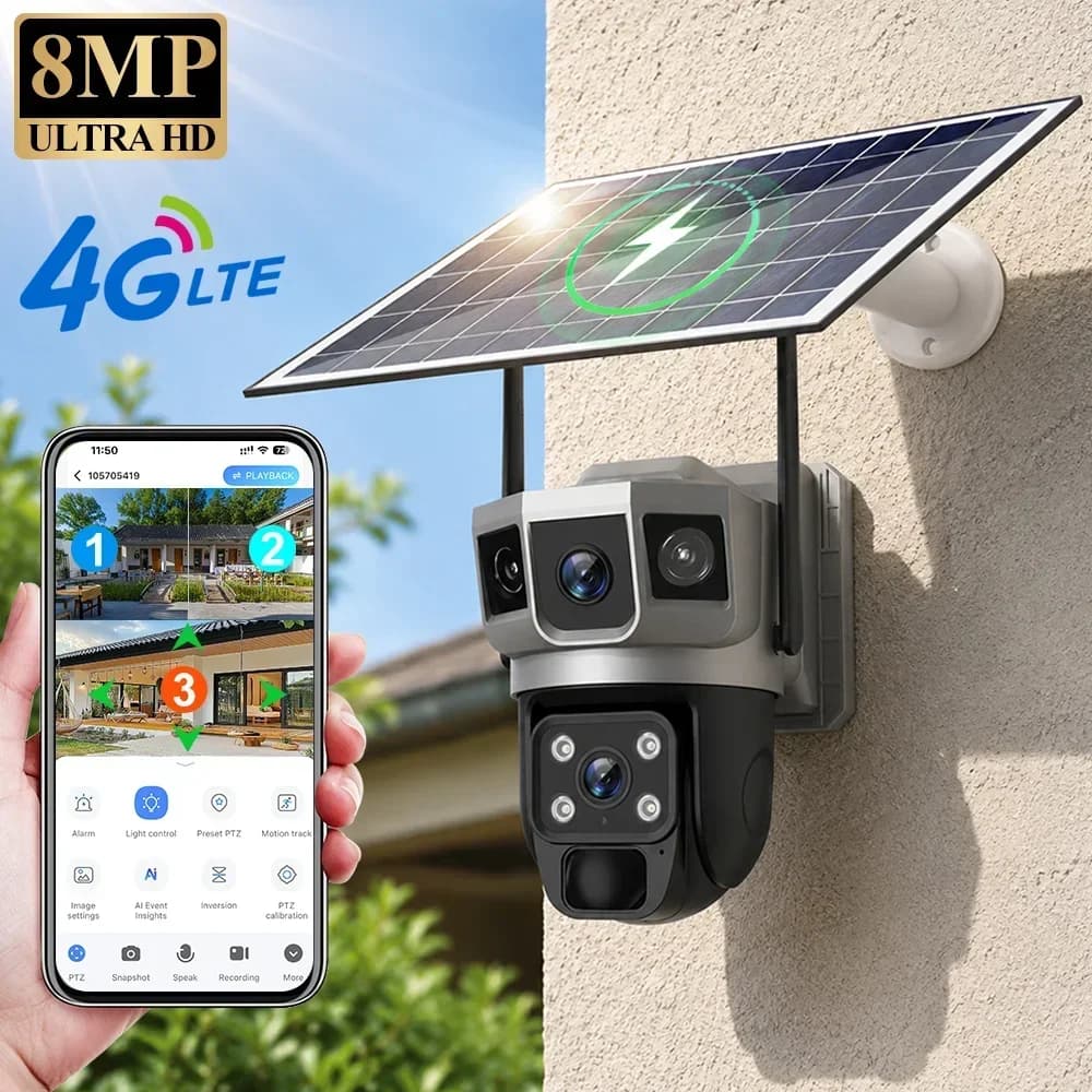V380 4K 3 Screens 4G Camera Solar Battery PIR AI Human Detection Night Vision Waterproof PTZ Security Protection CCTV Home Cam