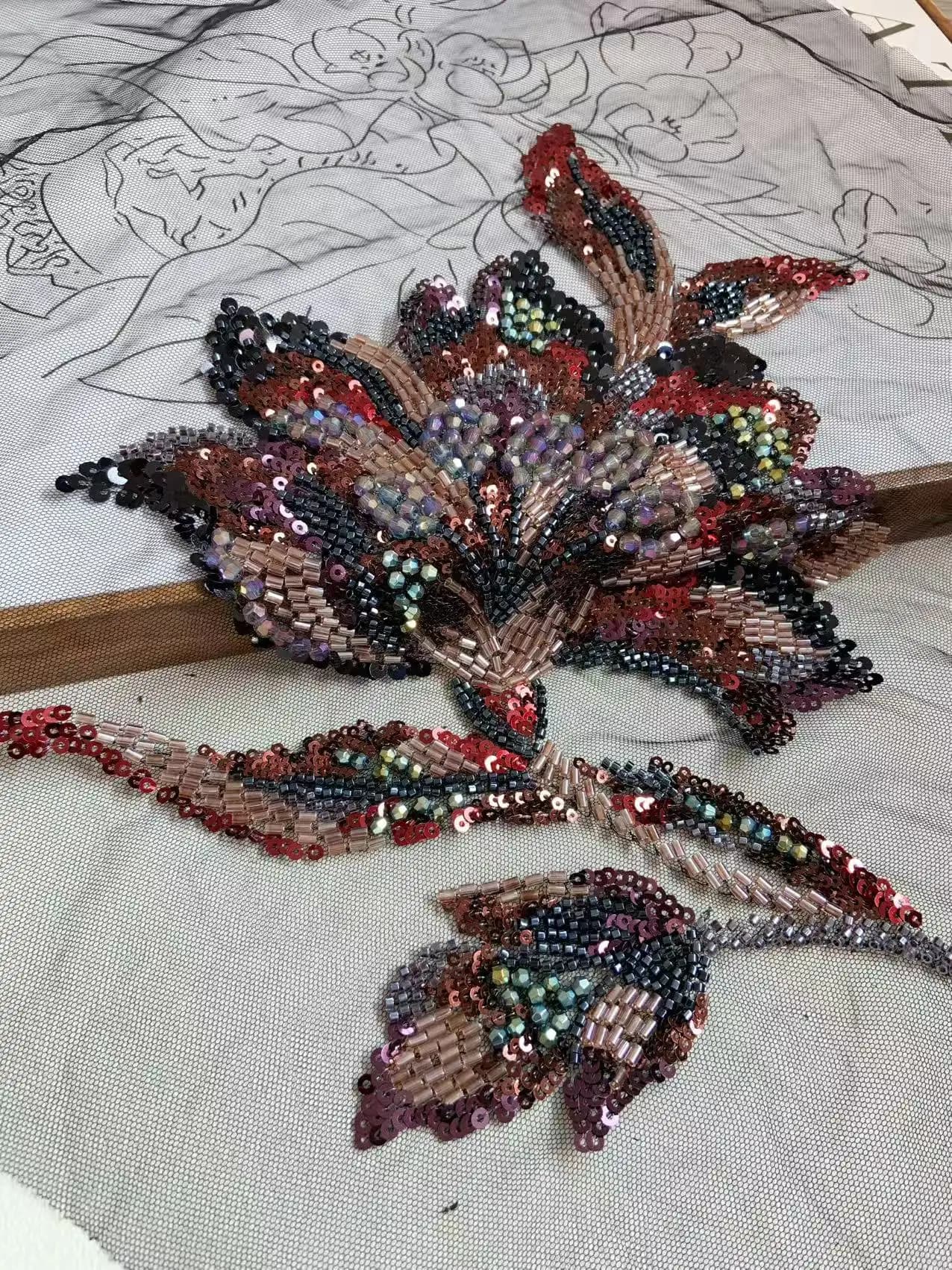 3D Black Lace Fabric with Luxury Red Beads Colorful Flower Heavy Applique for Ball Gown,Wedding Dress,Haute Couture Accessories